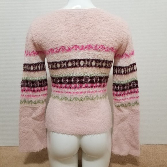 It's Our Time sweater Large fuzzy knit keyhole tie neck fair isle pullover Y2K - Picture 3 of 13
